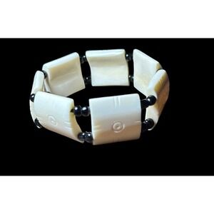 African Bone Bracelet Kenya Carved Panel Stretch Black Bead Tribal Jewelry